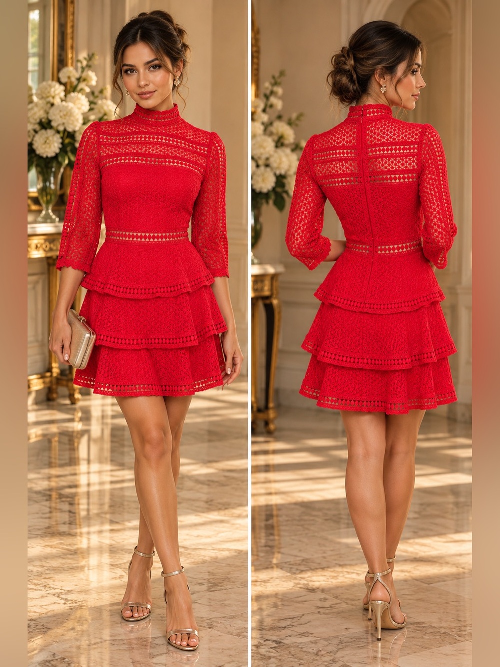 PrettyLittleThing Red Lace High Neck Tiered Ruffle Long Sleeve Mini Dress Size 8
